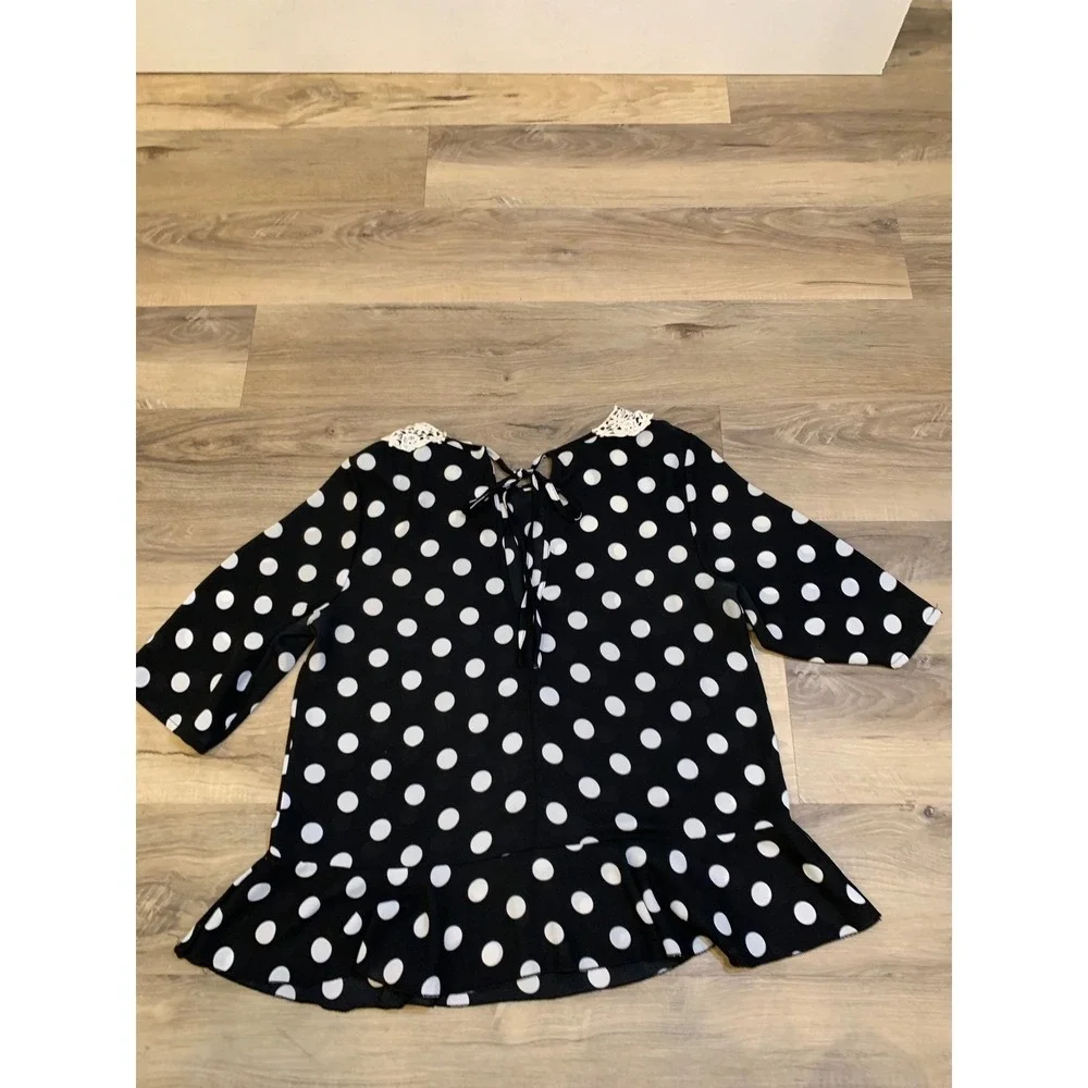 Polka Dot Peter Pan Lace‎ Collar Blouse M Chiffon Coquette Retro Peplum Womens